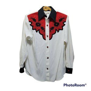 Vintage Cache Women's Size XS Red Black Velvet Western Ranch Button Front Shirt